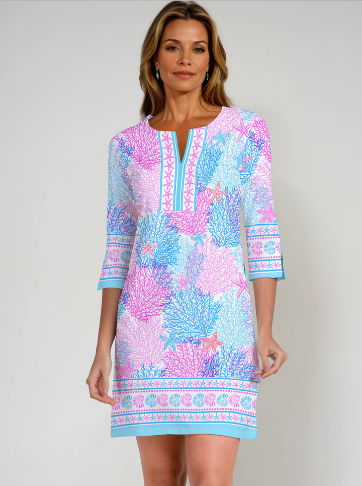 Bimini Dive Print Cotton Knit 3/4 Sleeve Slit Neck Dress (Regular Fit)