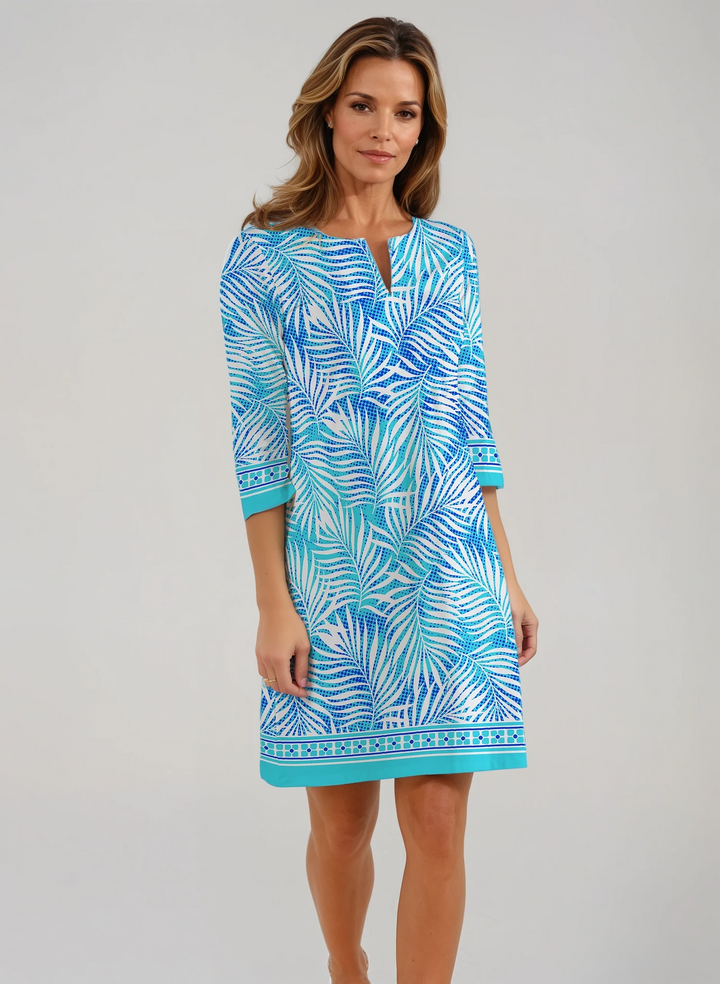 Kara Print Cotton Knit 3/4 Sleeve Palm Beach Shift Dress (Slim Fit)