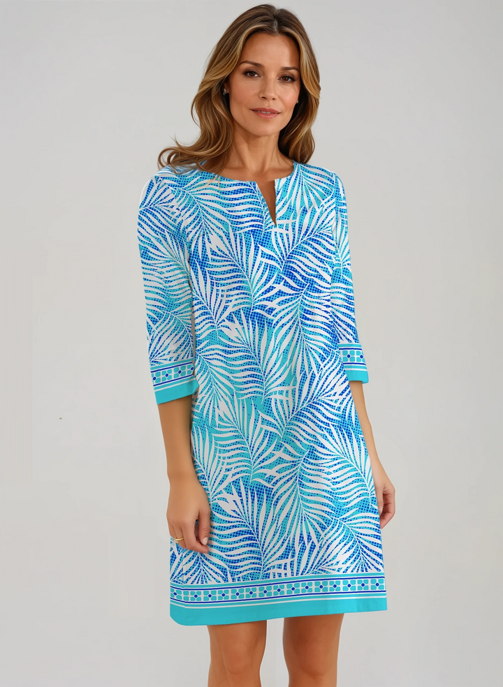Kara Print Cotton Knit 3/4 Sleeve Palm Beach Shift Dress (Slim Fit)