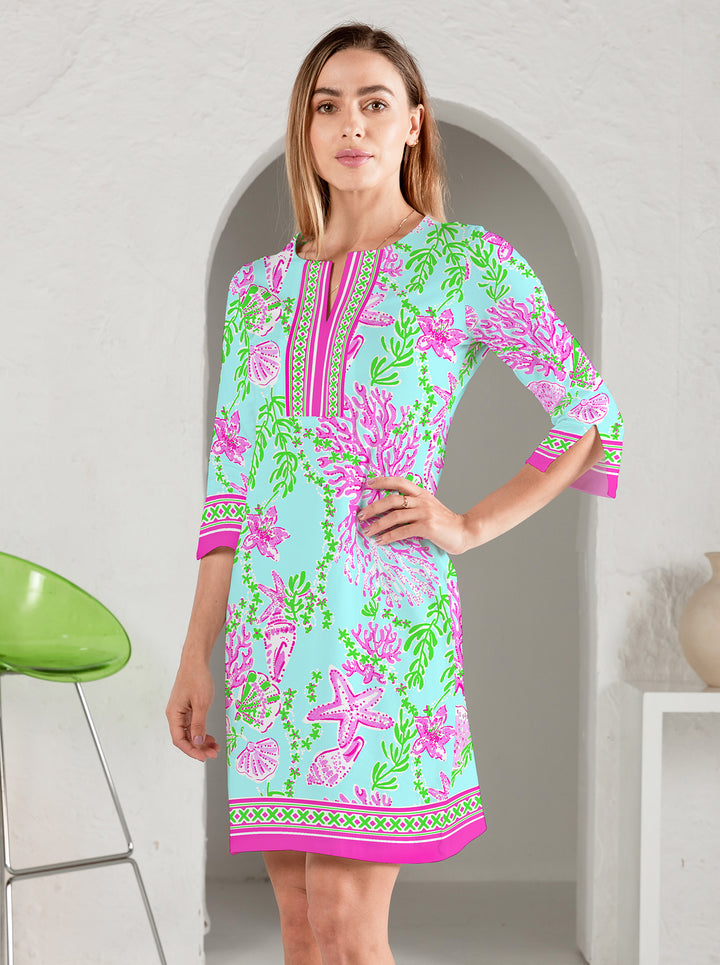 Bermuda Reef Print Cotton Knit 3/4 Sleeve Slit Neck Dress (Regular Fit)