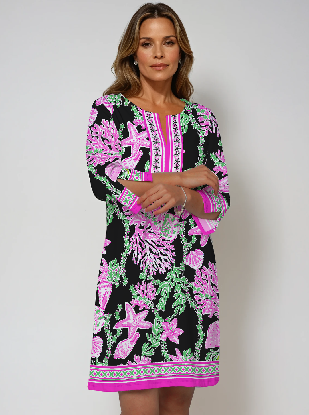 Bermuda Reef Print Cotton Knit 3/4 Sleeve Slit Neck Dress (Regular Fit)