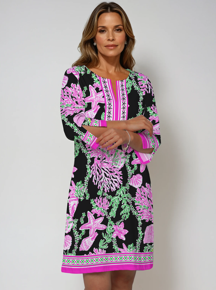 Bermuda Reef Print Cotton Knit 3/4 Sleeve Slit Neck Dress (Regular Fit)