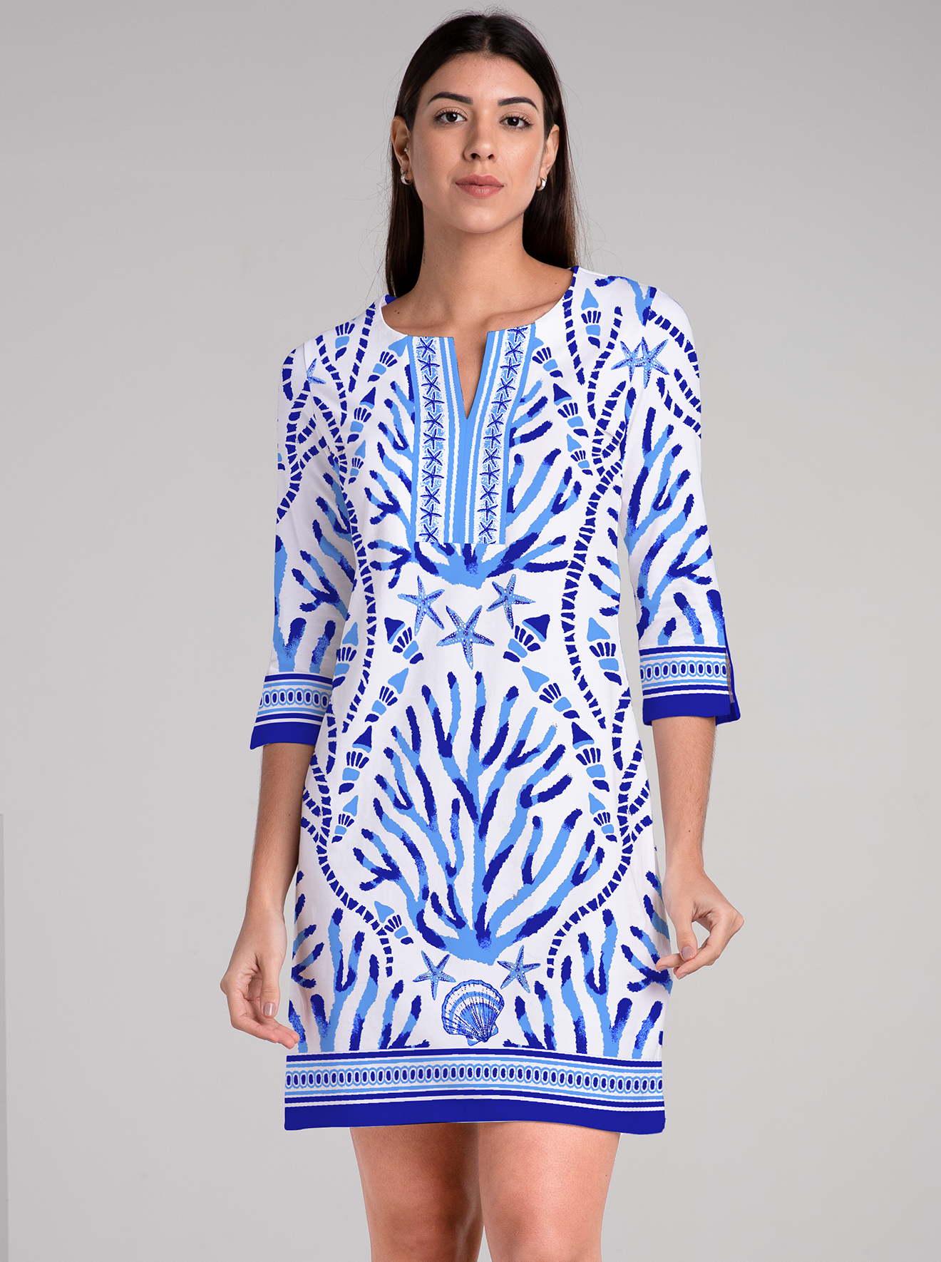 Coralia Print Cotton Knit 3/4 Sleeve Slit Neck Dress