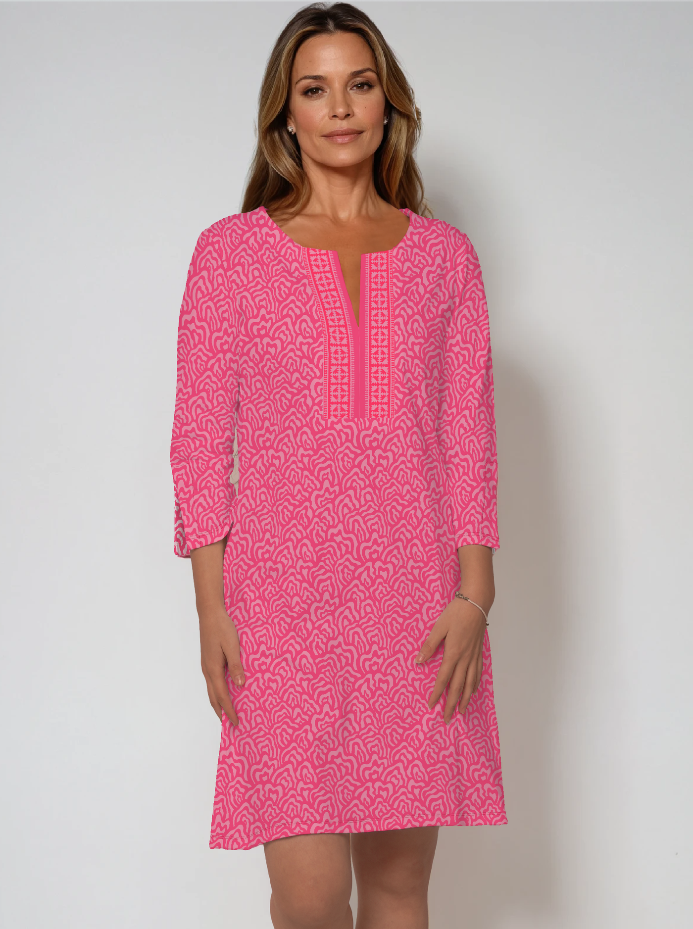 3/4 Sleeve Slit Neck Poly Monochrome Dress