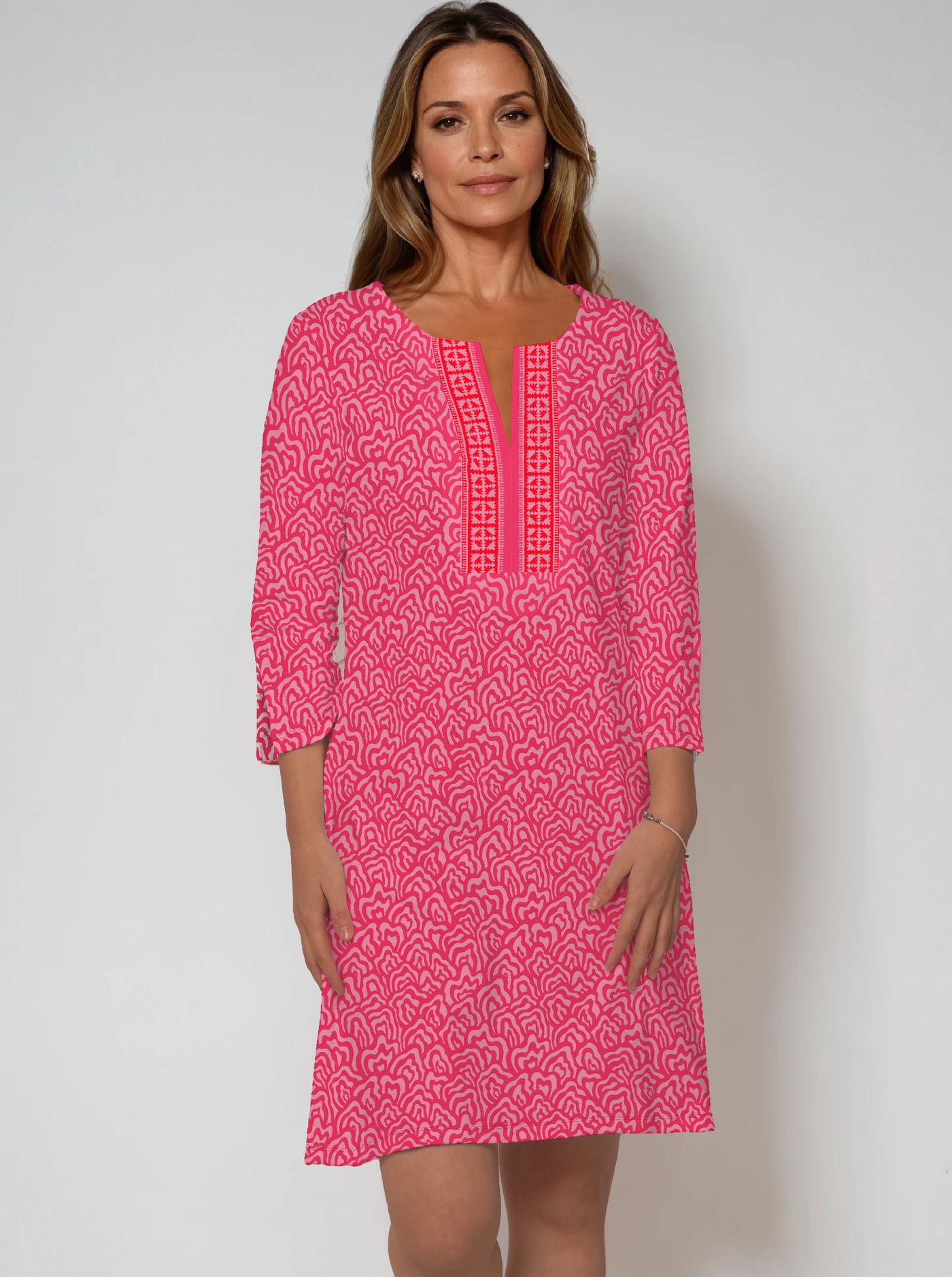 3/4 Sleeve Slit Neck Poly Monochrome Dress