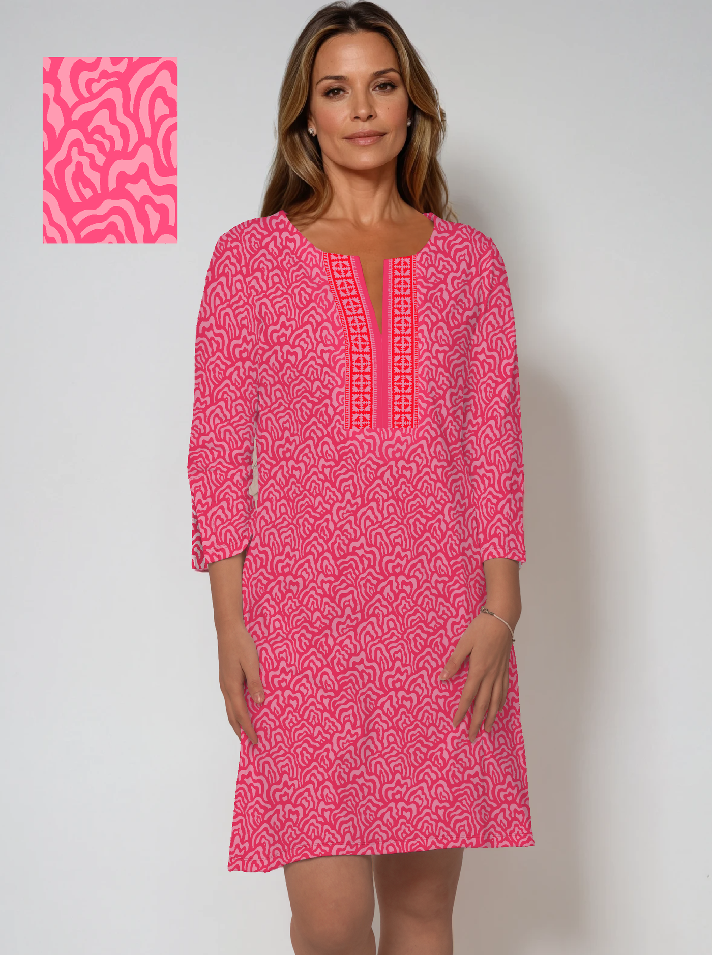 3/4 Sleeve Slit Neck Poly Monochrome Dress