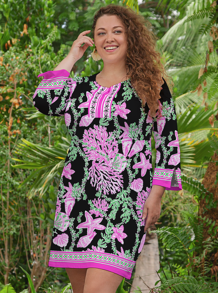 Bermuda Reef Print Cotton Knit 3/4 Sleeve Slit Neck Dress (Regular Fit)