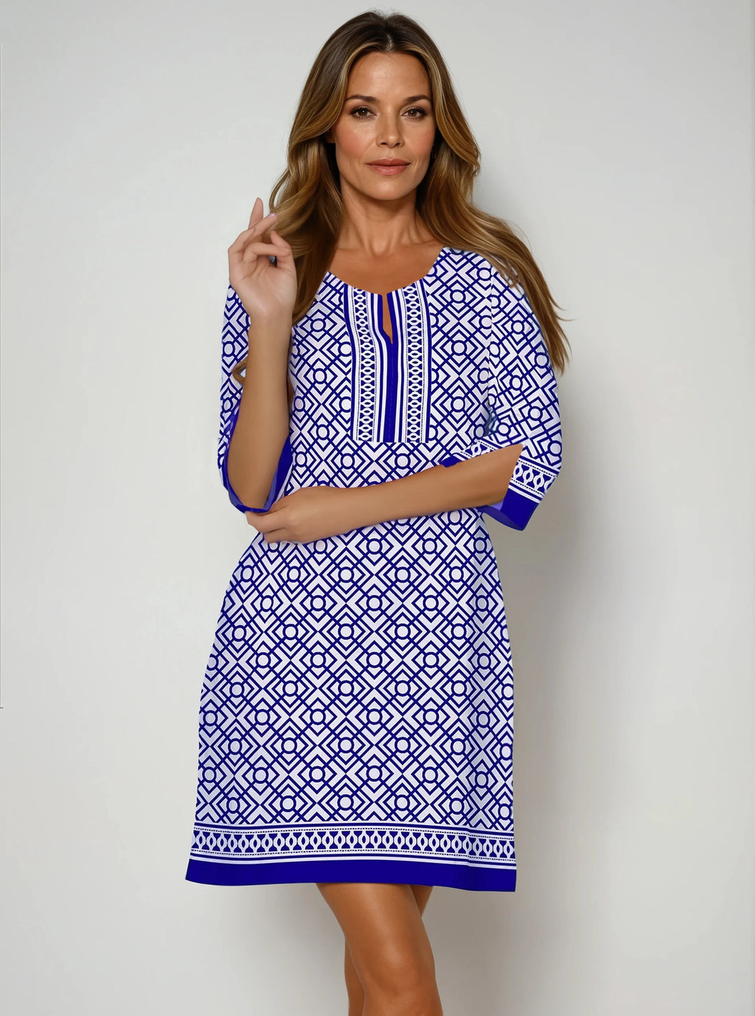 Trelis Print Cotton Knit 3/4 Sleeve Slit Neck Dress (Regular Fit)