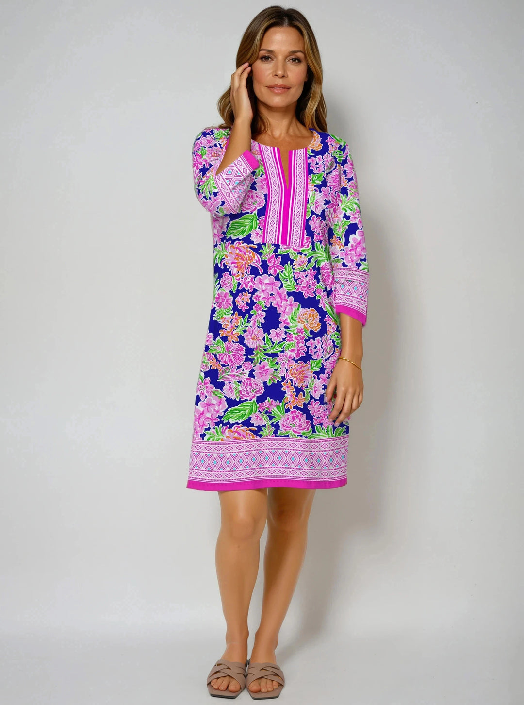 Chloe Print Cotton Knit 3/4 Sleeve Slit Neck Dress (Regular Fit)