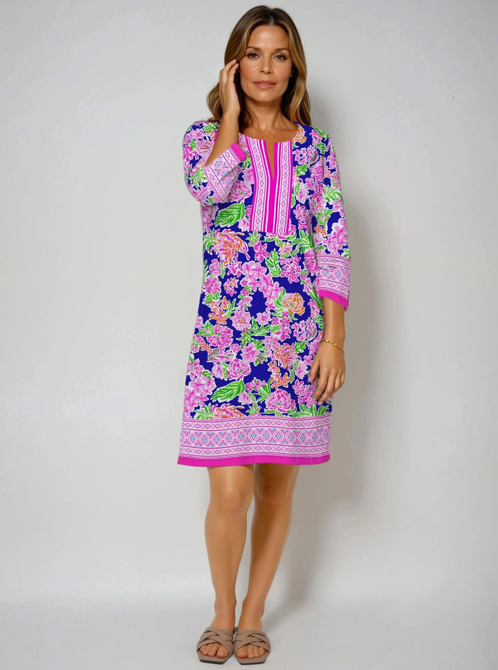 Chloe Print Cotton Knit 3/4 Sleeve Slit Neck Dress (Regular Fit)