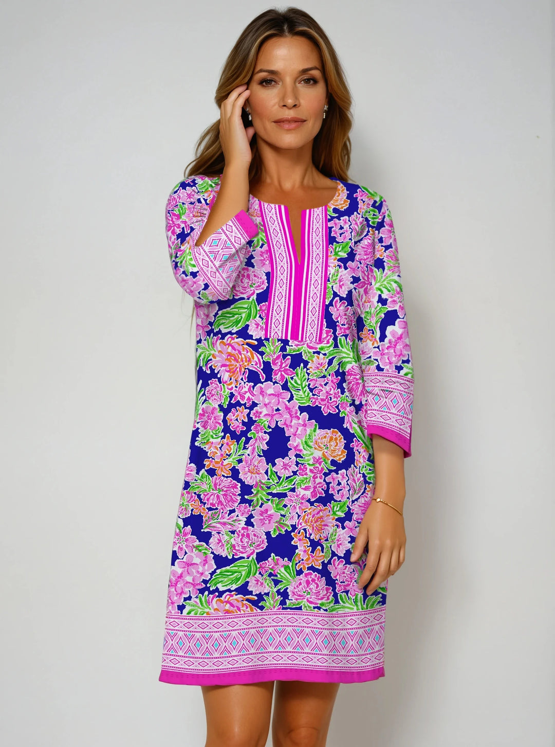 Chloe Print Cotton Knit 3/4 Sleeve Slit Neck Dress (Regular Fit)