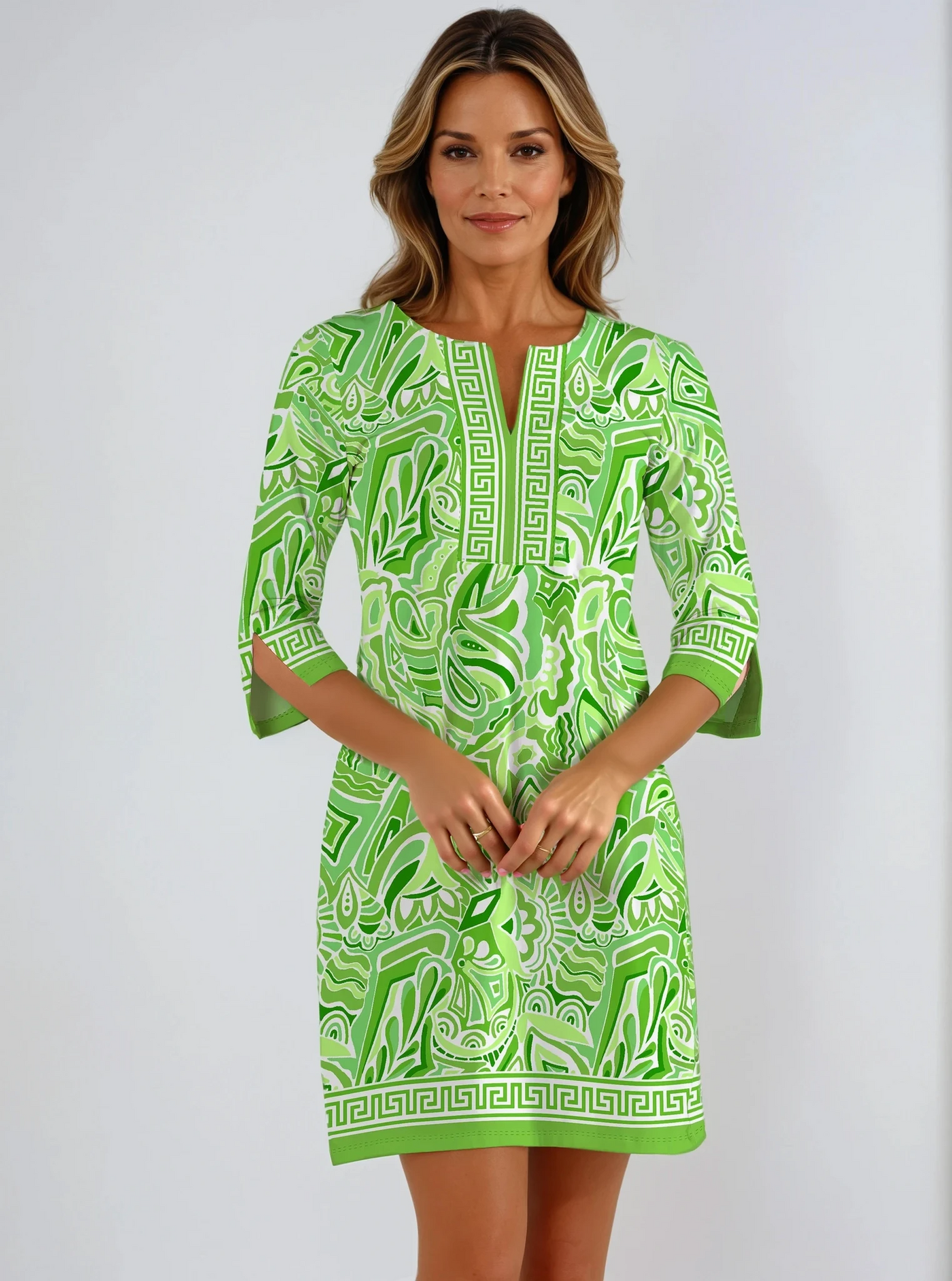 Historia Print Cotton Knit 3/4 Sleeve Slit Neck Dress