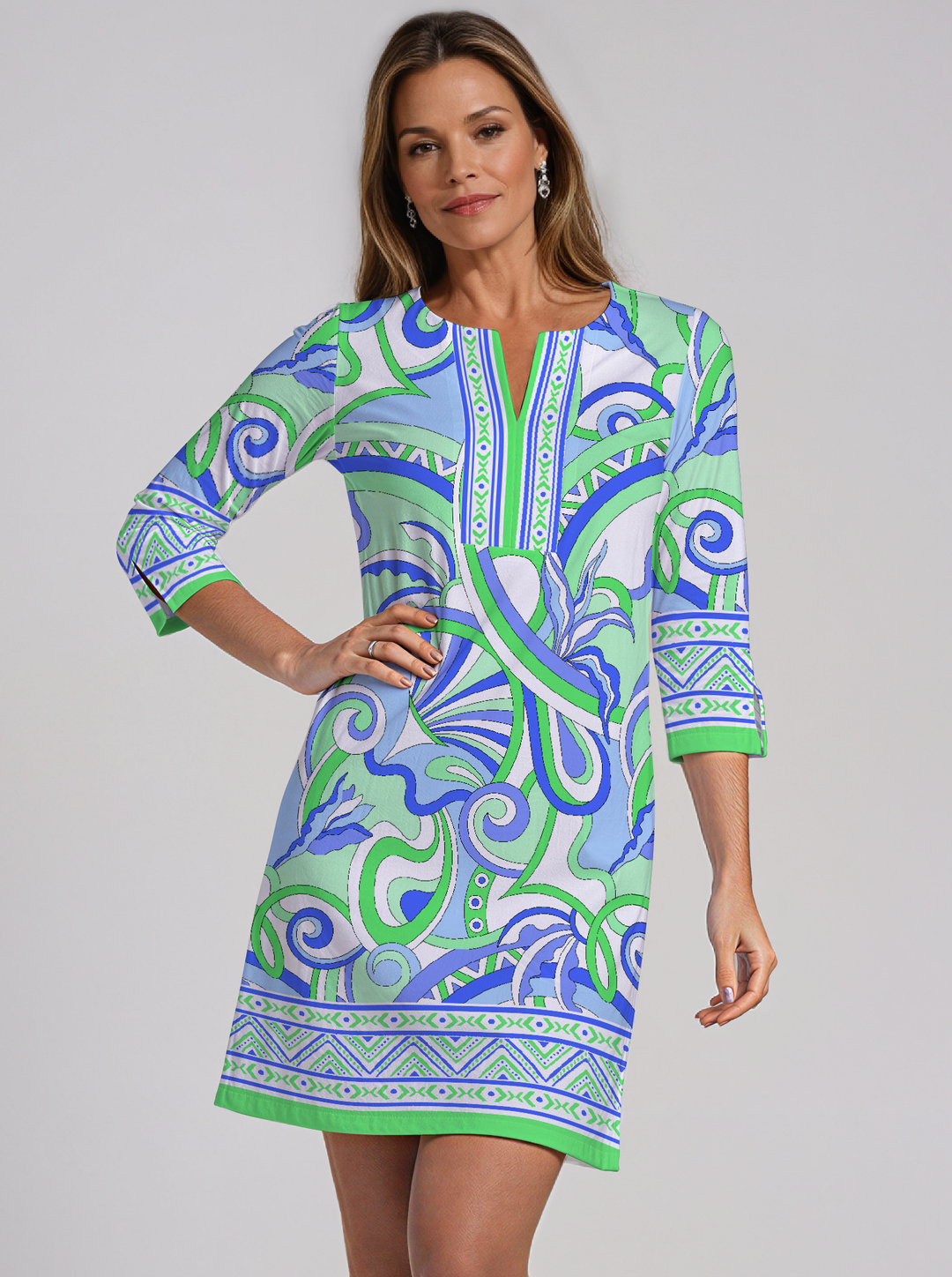 Sanrio Print Cotton Knit 3/4 Sleeve Slit Neck Dress (Regular Fit)