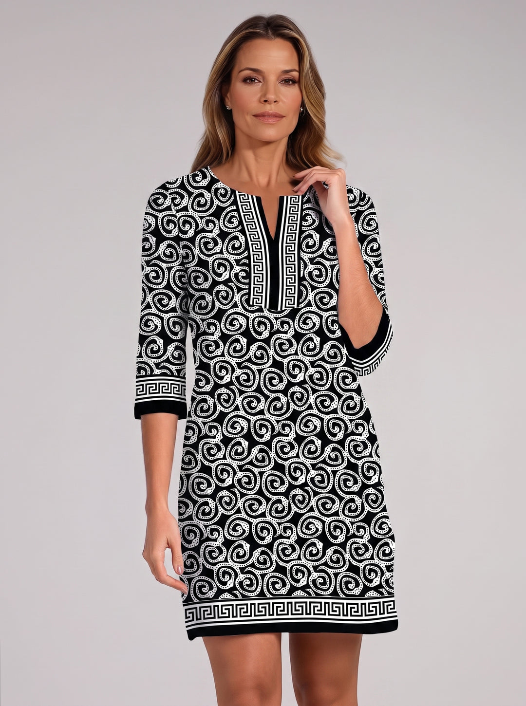Dotted Swirl Print Cotton Knit 3/4 Sleeve Slit Neck Dress (Regular Fit)