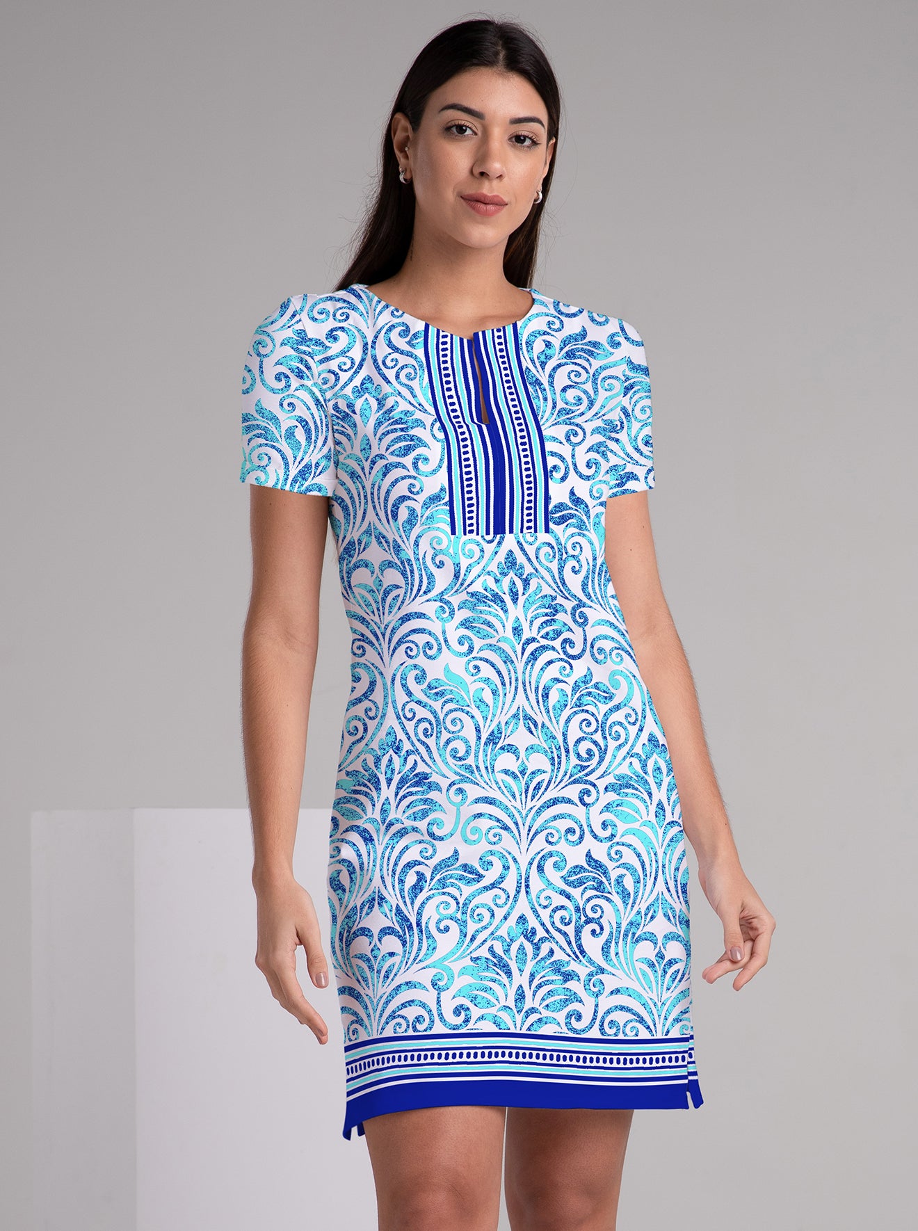 Sailsbury Print Cotton Knit Half Sleeve Slit Neck Dress