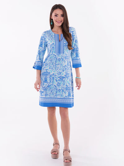 Happy Times Print Cotton Knit 3/4 Sleeve Slit Neck Dress