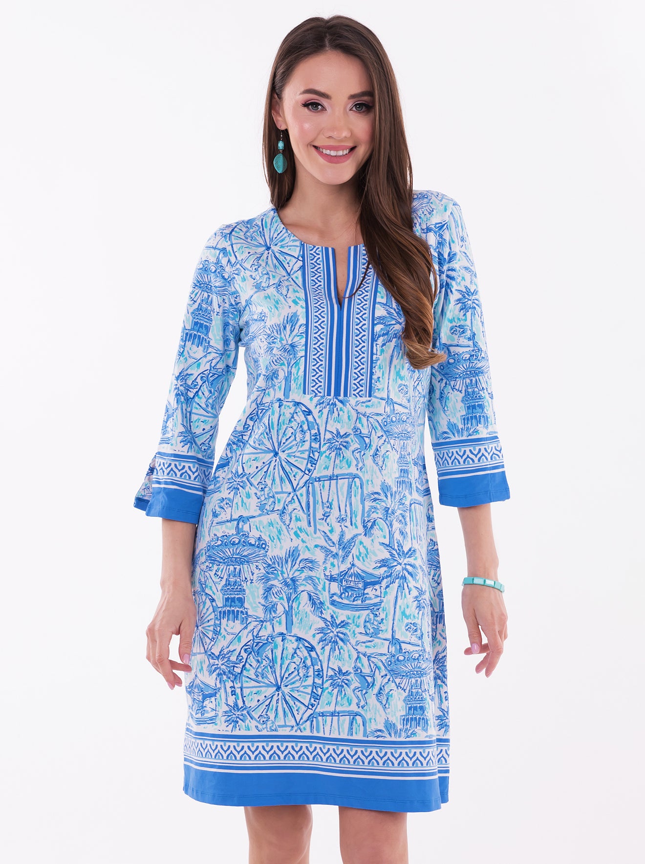 Happy Times Print Cotton Knit 3/4 Sleeve Slit Neck Dress