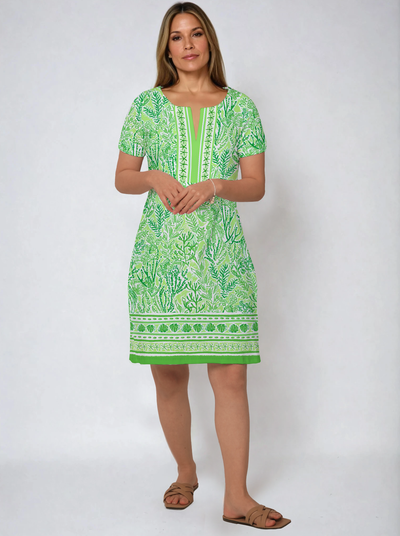 Deep Sea Print Cotton Knit Half Sleeve Slit Neck Dress