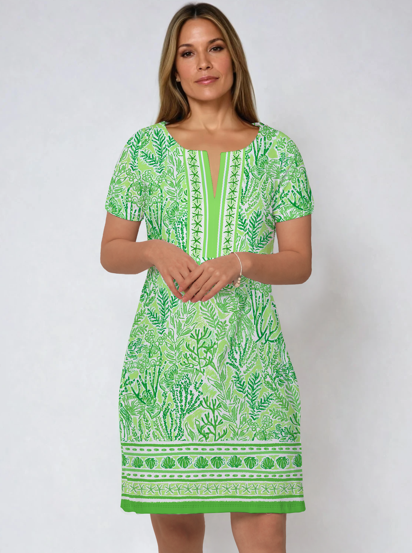 Deep Sea Print Cotton Knit Half Sleeve Slit Neck Dress