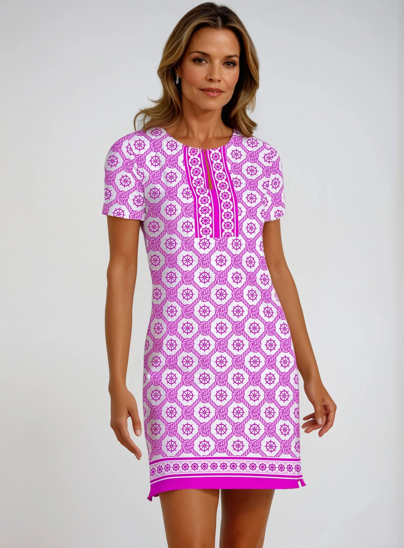 Forget Me Knot Print Cotton Knit Half Sleeve Slit Neck Dress (Regular Fit) XXL / Pink Forget Me Knot Print Cotton Knit Half Sleeve Slit Neck Dress (Regular Fit) XXL / Pink