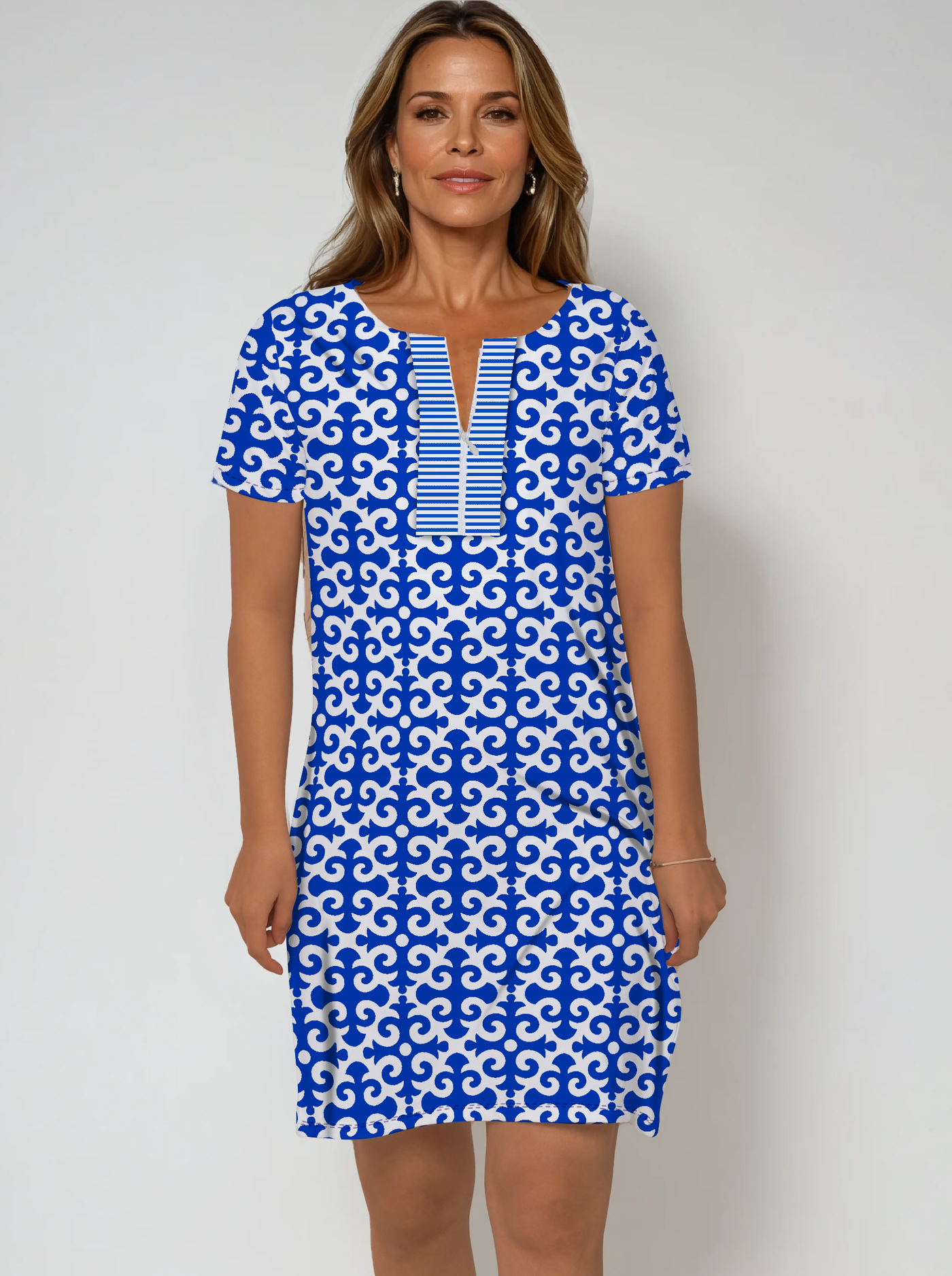 Nylon Half Sleeve Slit Neck Dress
