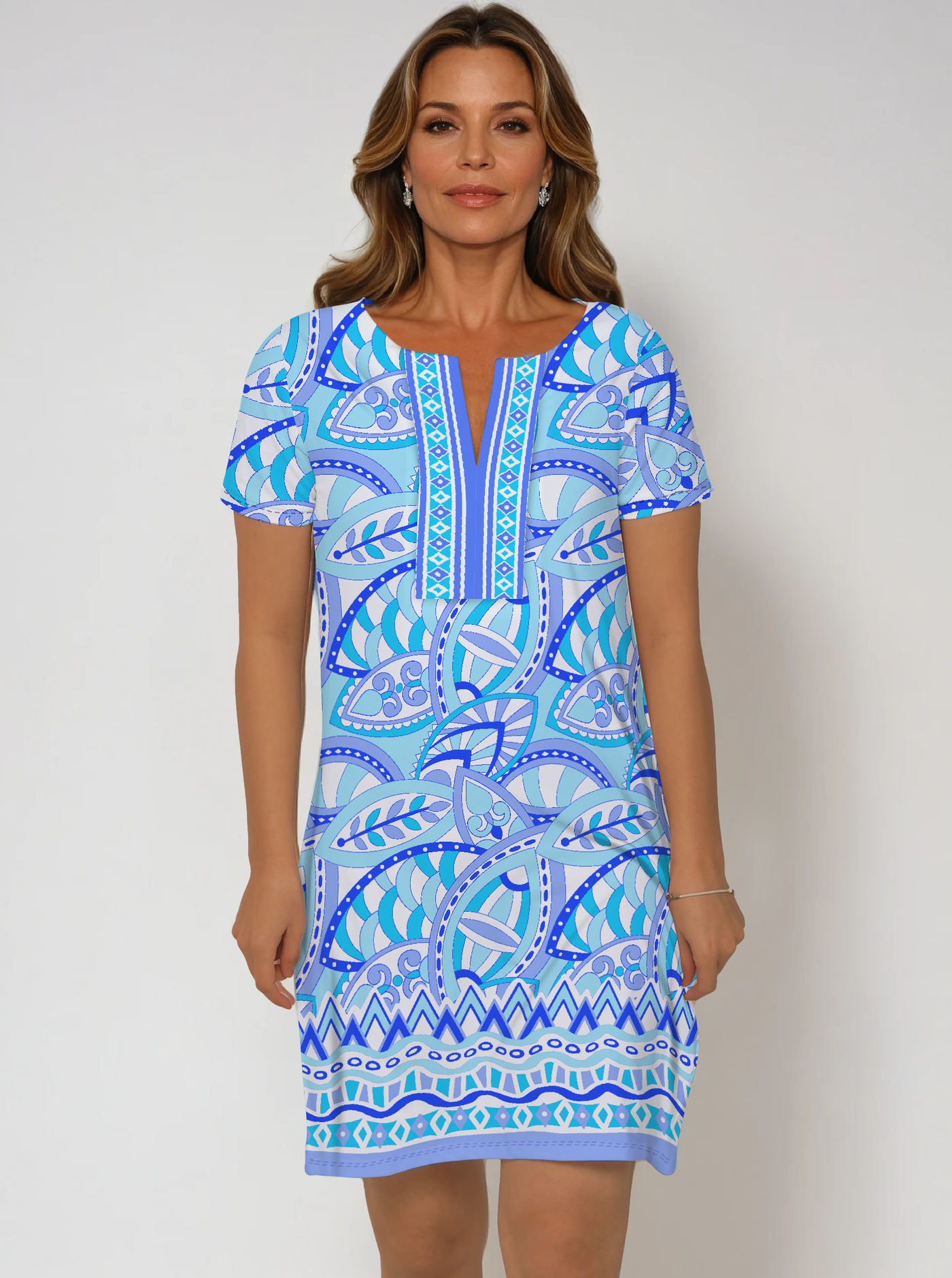 Valencia Print Cotton Knit Half Sleeve Slit Neck Dress