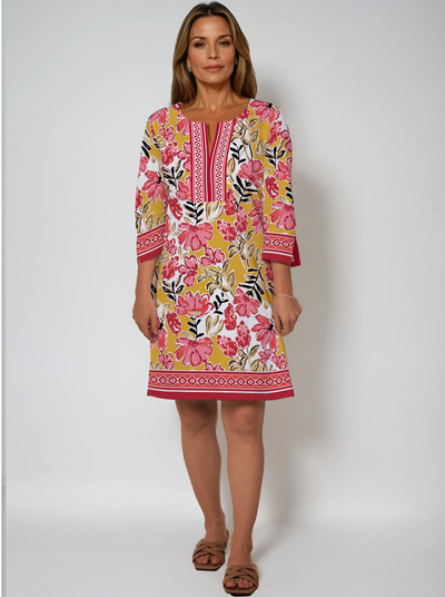 Tuscan Print Cotton Knit 3/4 Sleeve Slit Neck Dress