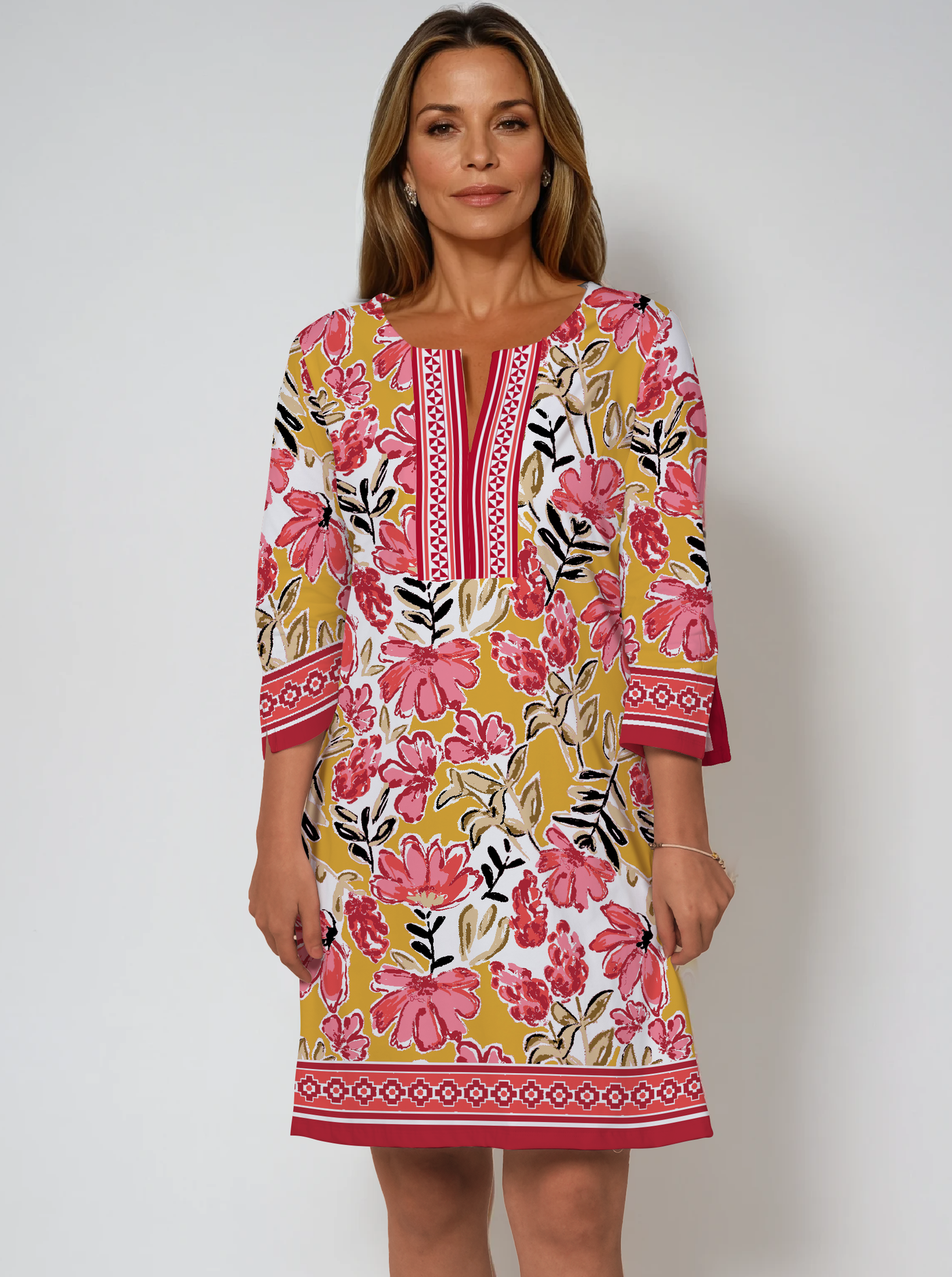 Tuscan Print Cotton Knit 3/4 Sleeve Slit Neck Dress