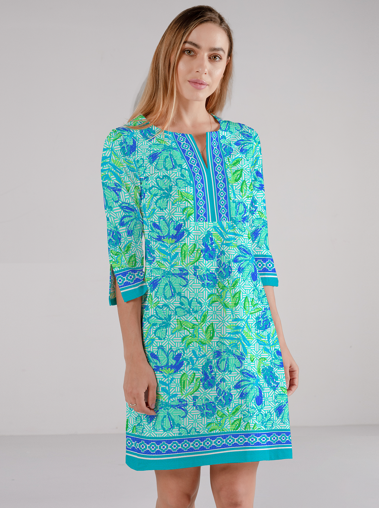 Tuscan Print Cotton Knit 3/4 Sleeve Slit Neck Dress