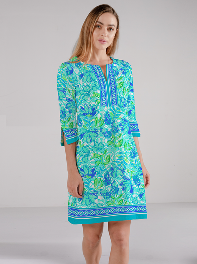 Tuscan Print Cotton Knit 3/4 Sleeve Slit Neck Dress