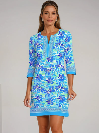 Vivero Print Cotton Knit 3/4 Sleeve Slit Neck Dress