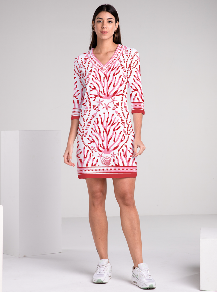 Coralia Print Cotton Knit 3/4 Sleeve V-Neck Dress (Regular Fit)