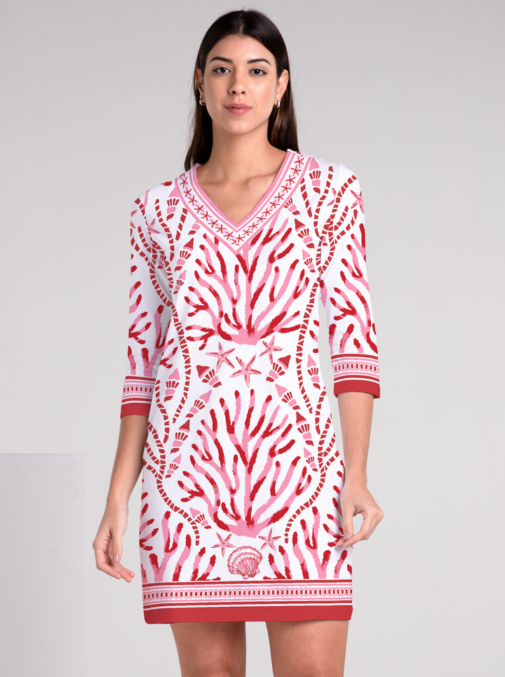 Coralia Print Cotton Knit 3/4 Sleeve V-Neck Dress (Regular Fit)