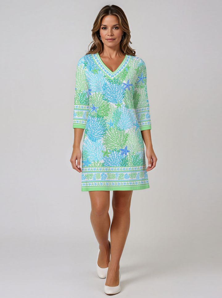 Bimini Dive Print Cotton Knit 3/4 Sleeve V-Neck Dress (Regular Fit)