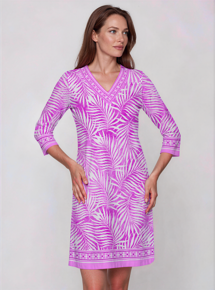 Kara Print Cotton Knit 3/4 Sleeve V-Neck Dress (Regular Fit)