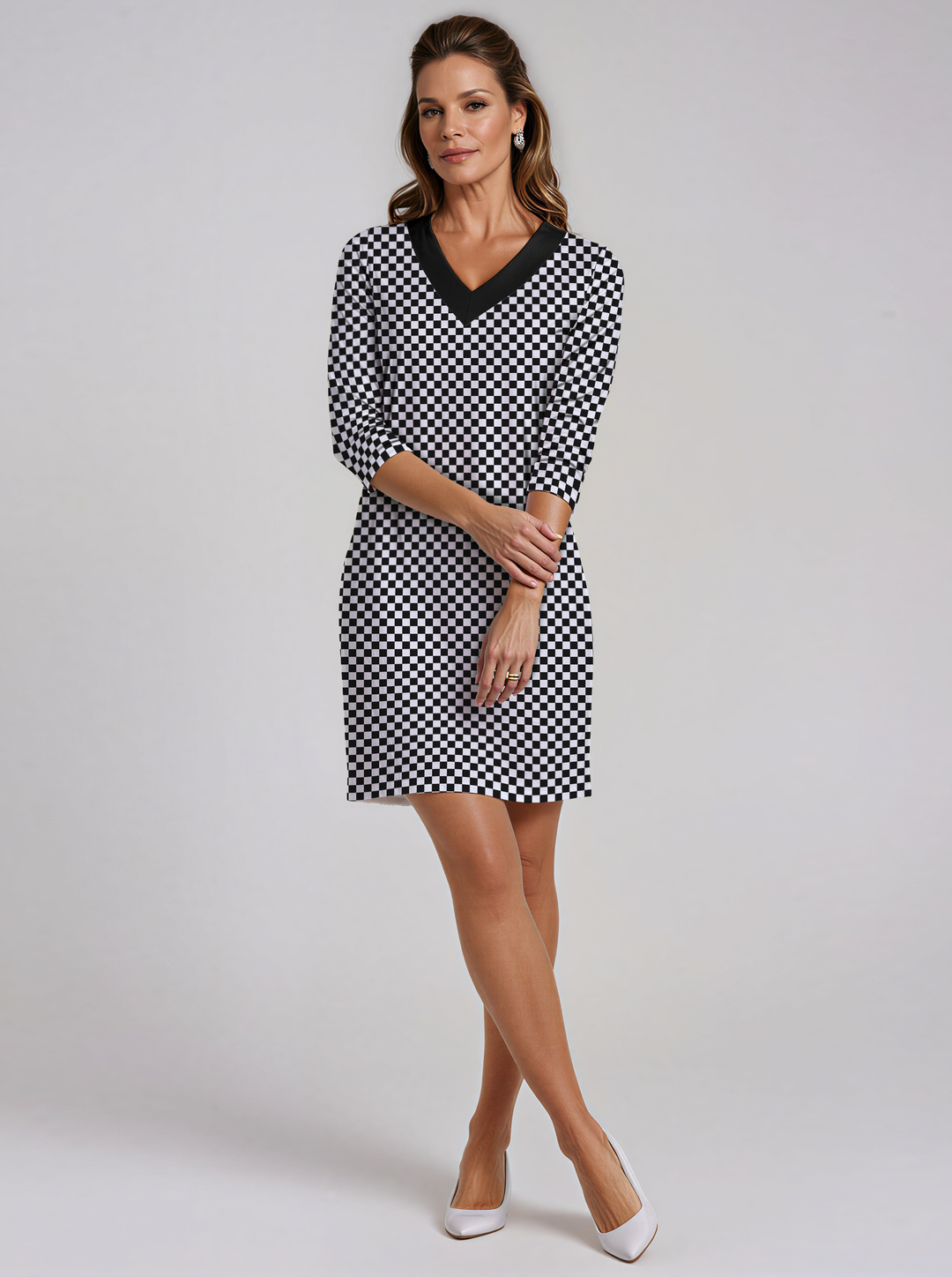 Checkered Print Cotton Knit 3/4 Sleeve V-Neck Dress (Regular Fit)