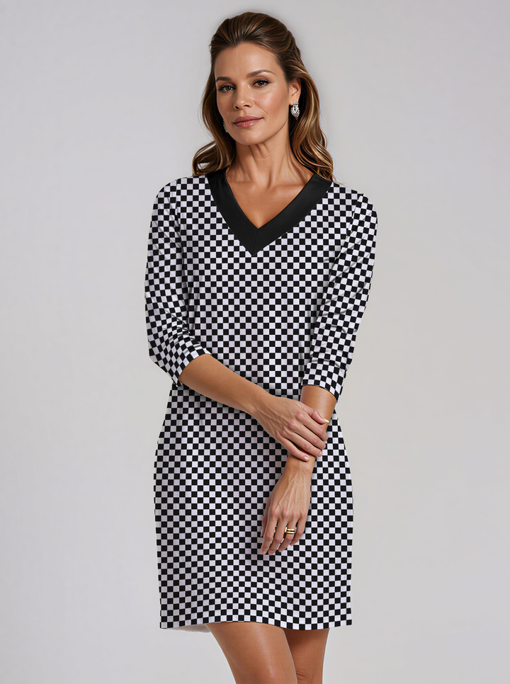 Checkered Print Cotton Knit 3/4 Sleeve V-Neck Dress (Regular Fit)