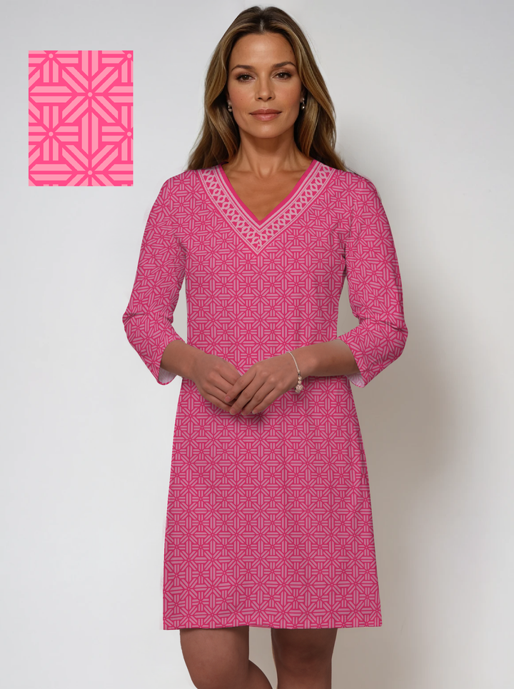 3/4 Sleeve V-Neck Poly Monochrome Dress (Regular Fit)