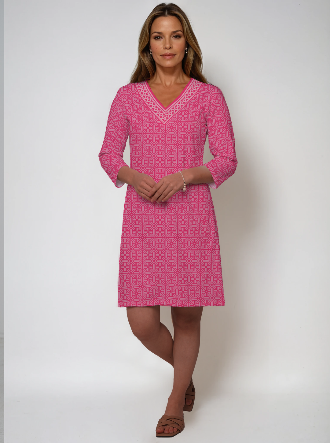 3/4 Sleeve V-Neck Poly Monochrome Dress (Regular Fit)