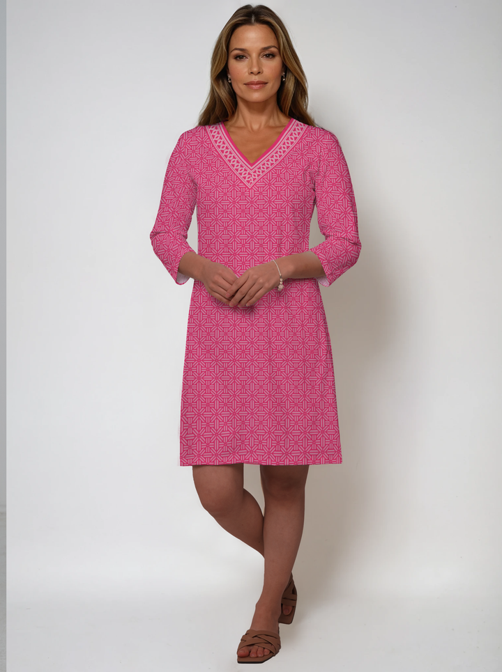 3/4 Sleeve V-Neck Poly Monochrome Dress (Regular Fit)