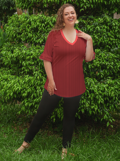 Verona Stripe Print Cotton Knit V-Neck Raglan Ruffle Sleeve Tunic