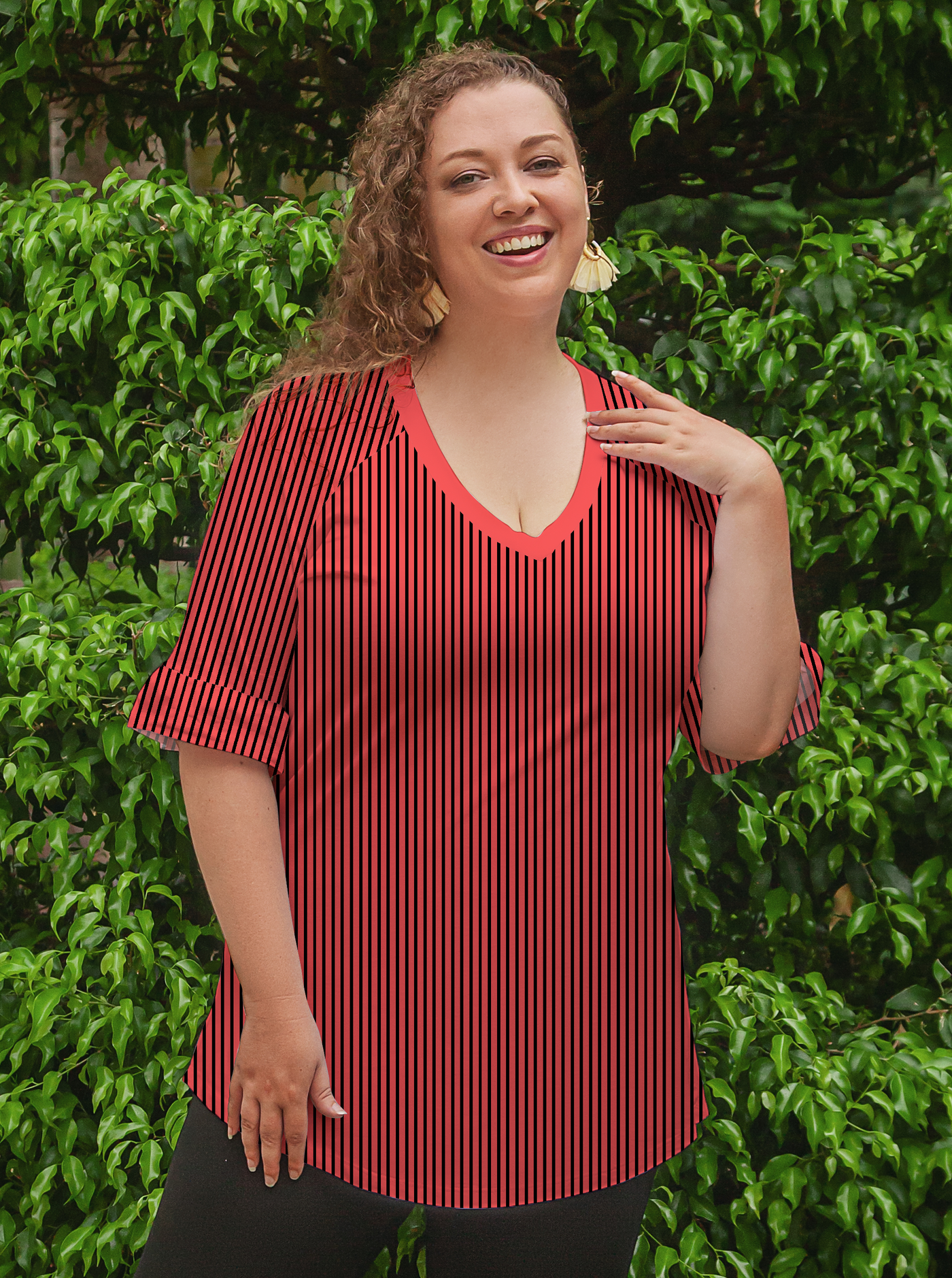 Verona Stripe Print Cotton Knit V-Neck Raglan Ruffle Sleeve Tunic