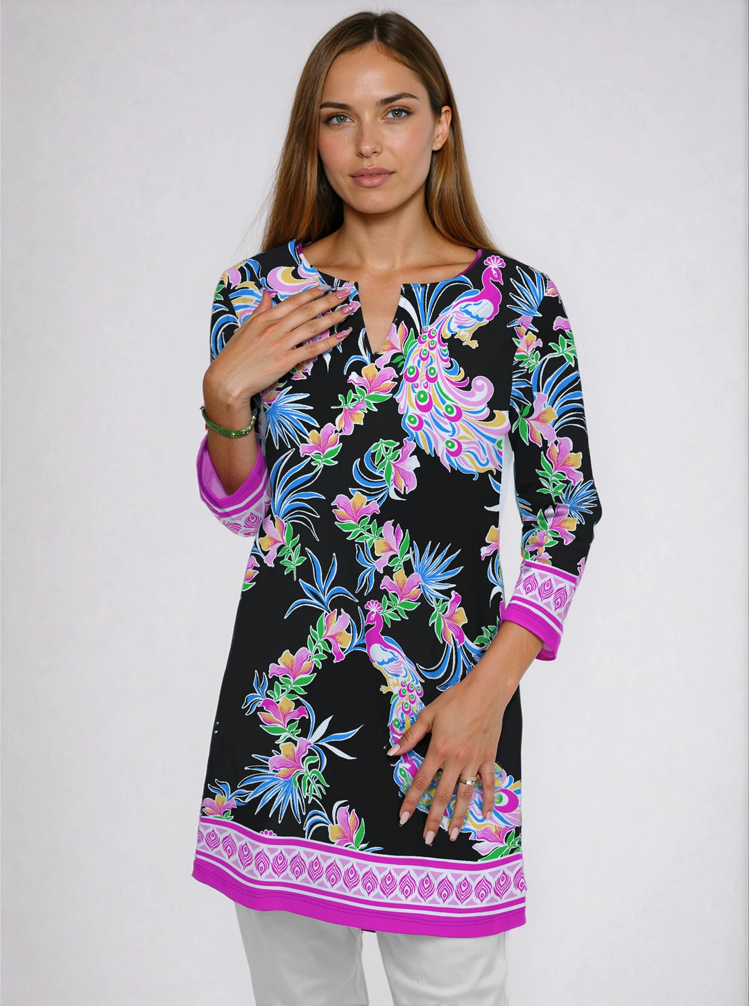 Preciosa Print Cotton Knit 3/4 Sleeve Notch Neck Tunic