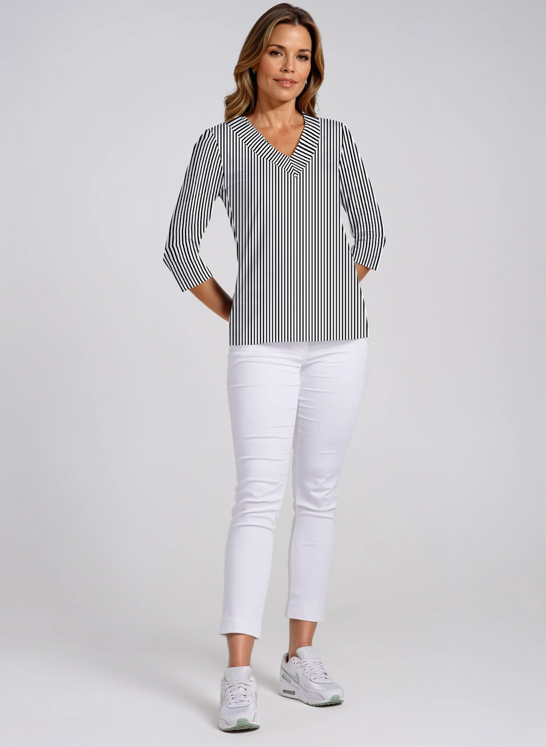 Vertical Stripe Print Cotton Knit 3/4 Sleeve V-Neck Top
