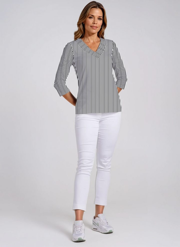 Vertical Stripe Print Cotton Knit 3/4 Sleeve V-Neck Top
