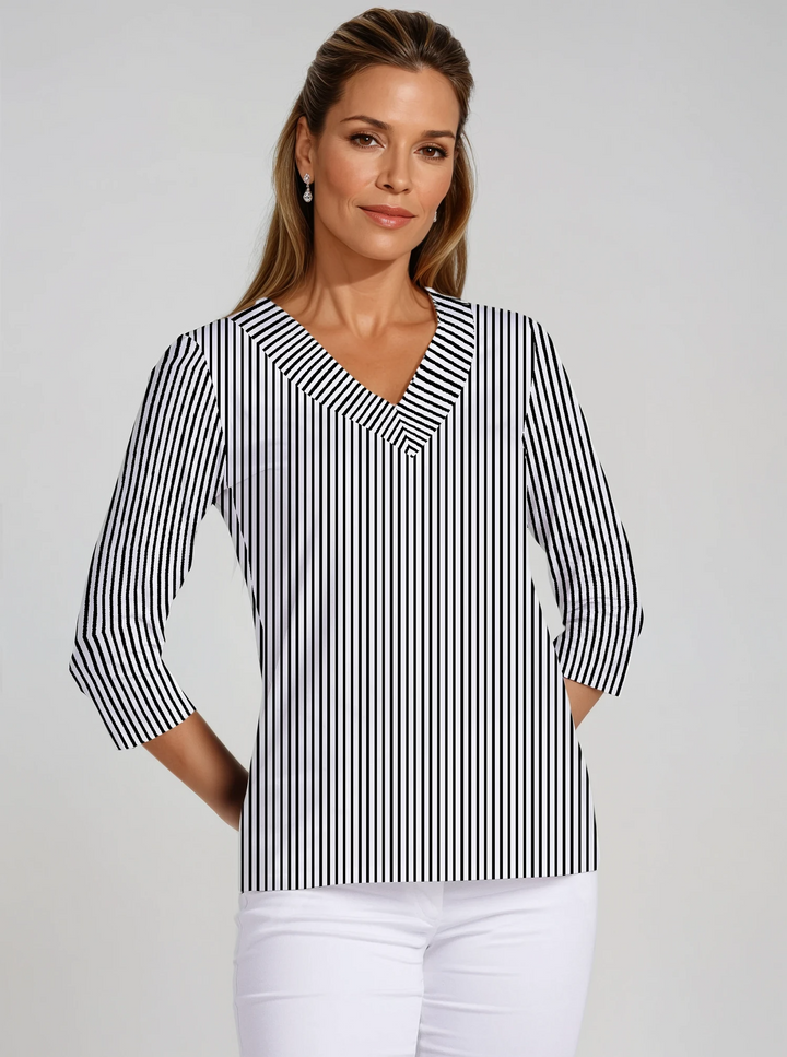 Vertical Stripe Print Cotton Knit 3/4 Sleeve V-Neck Top