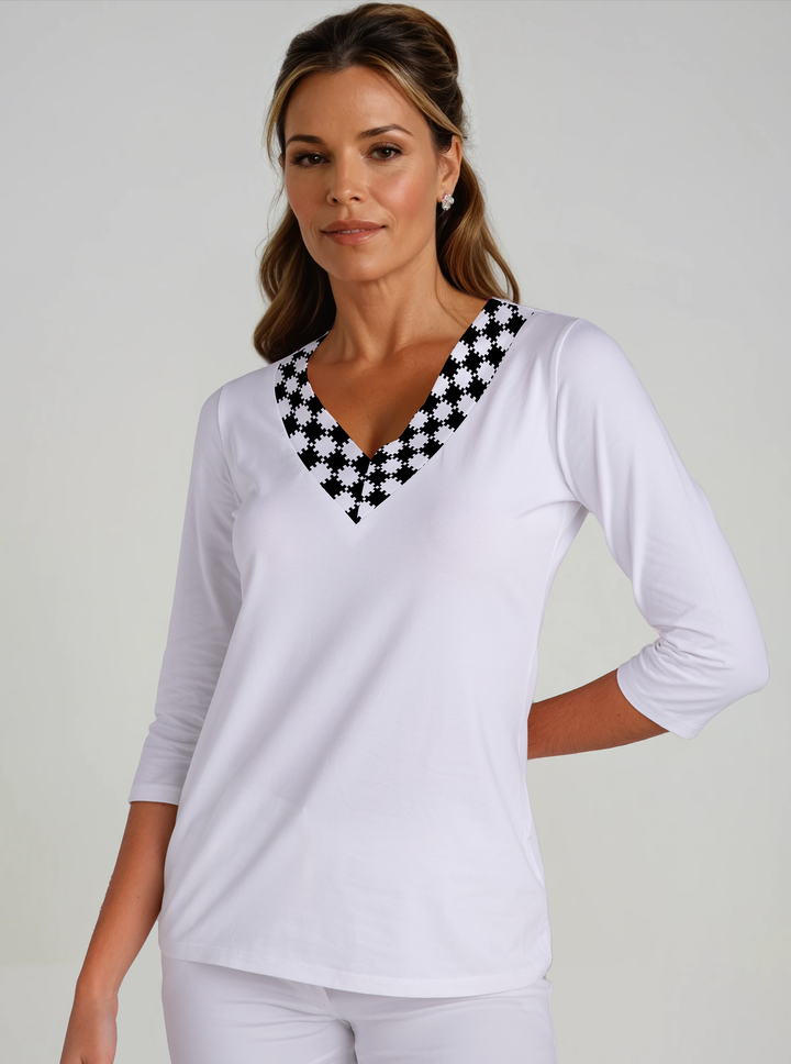 Solid Knit V-Neck Printed Trim Top