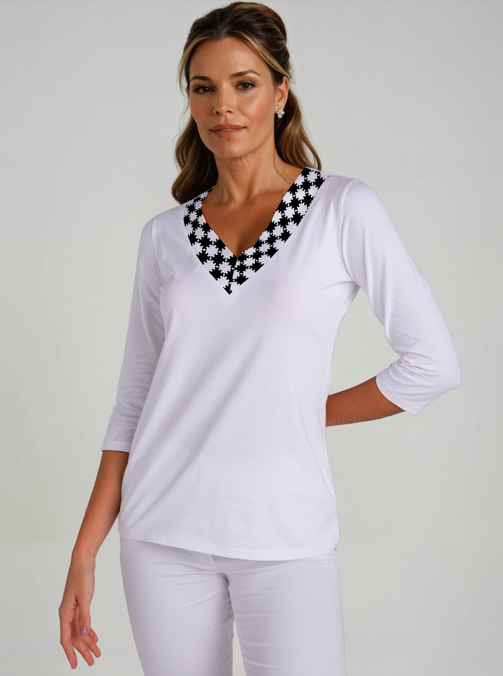 Solid Knit V-Neck Printed Trim Top