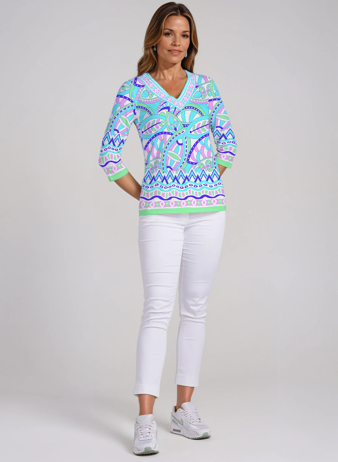 Valencia Print Cotton Knit 3/4 Sleeve V-Neck Top