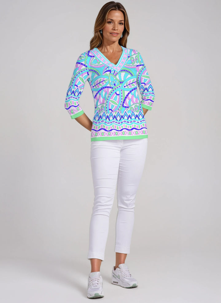 Valencia Print Cotton Knit 3/4 Sleeve V-Neck Top